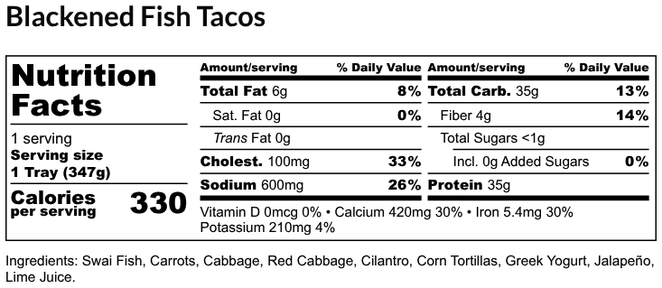Nutritional Facts - Blackened Fish Tacos 6oz